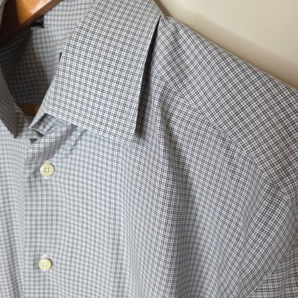 David Donahue Mens Grey White Micro Check Cotton Dress Shirt 16 32/33